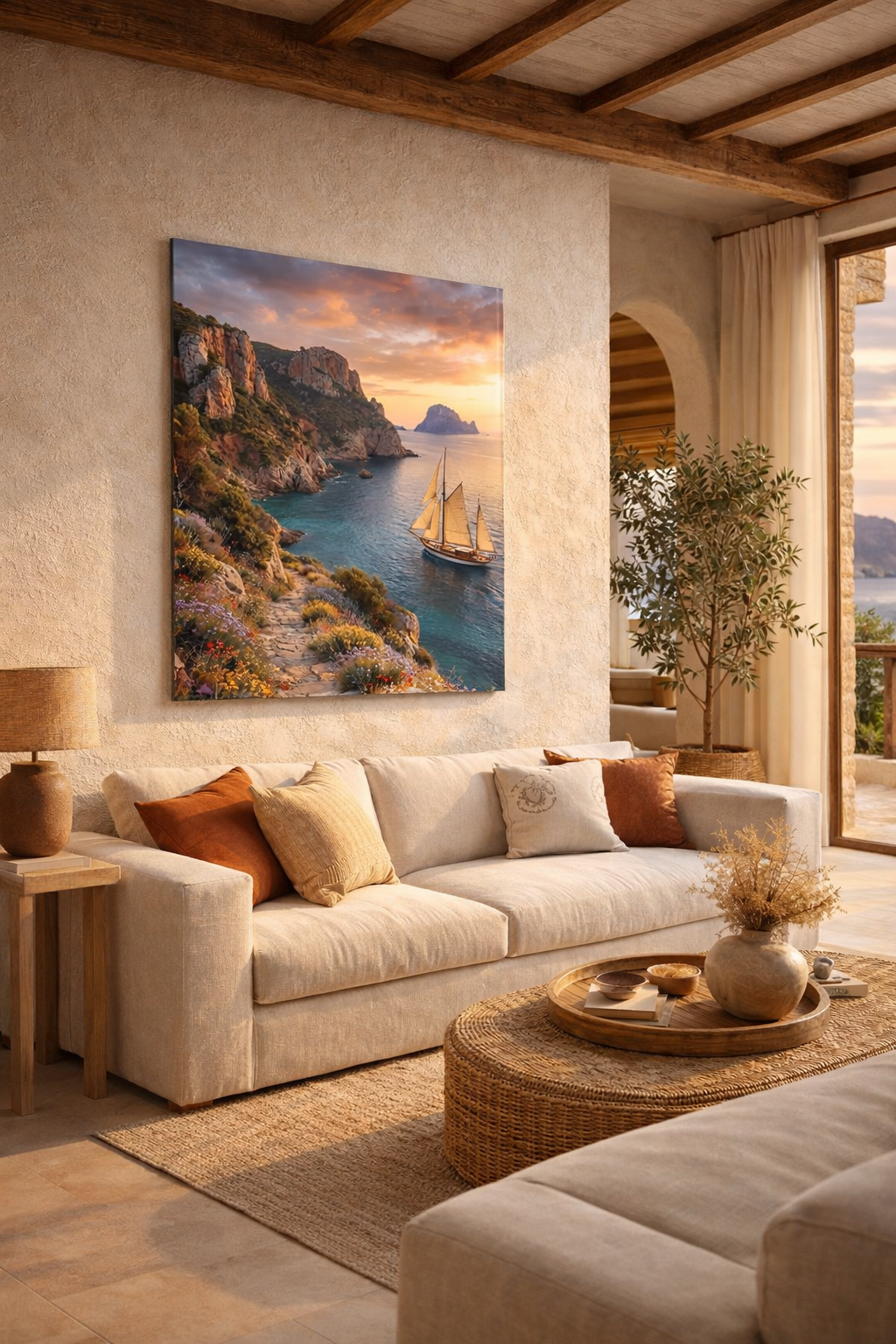 Akdeniz Kıyısı ve Yelkenli Cam Tablo