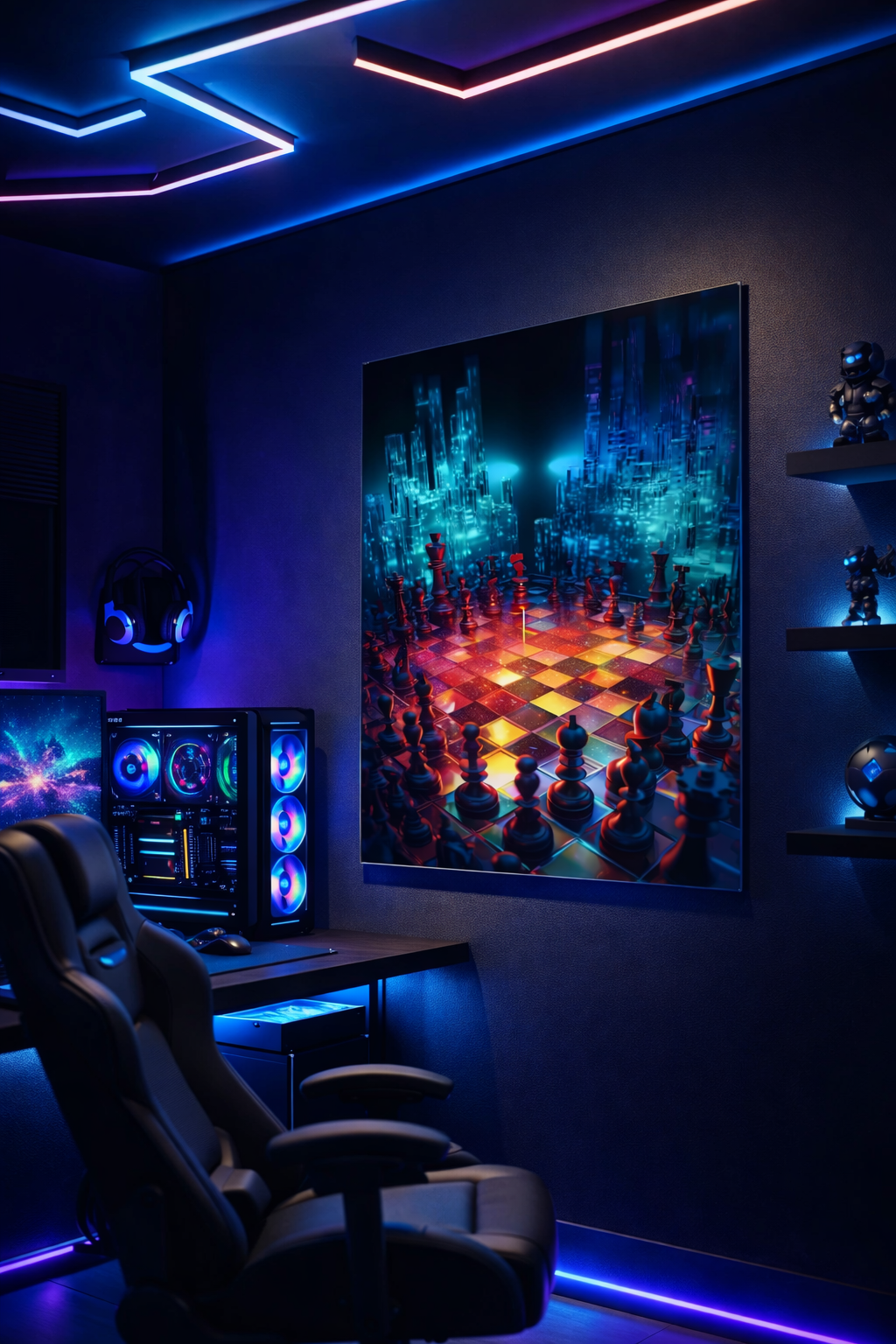 Neon Satranç Arenası Cam Tablo
