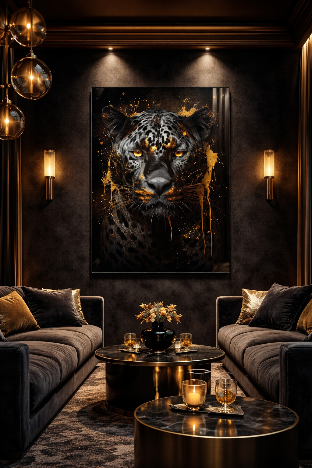 Altın Dokunuşlu Siyah Leopar Cam Tablo