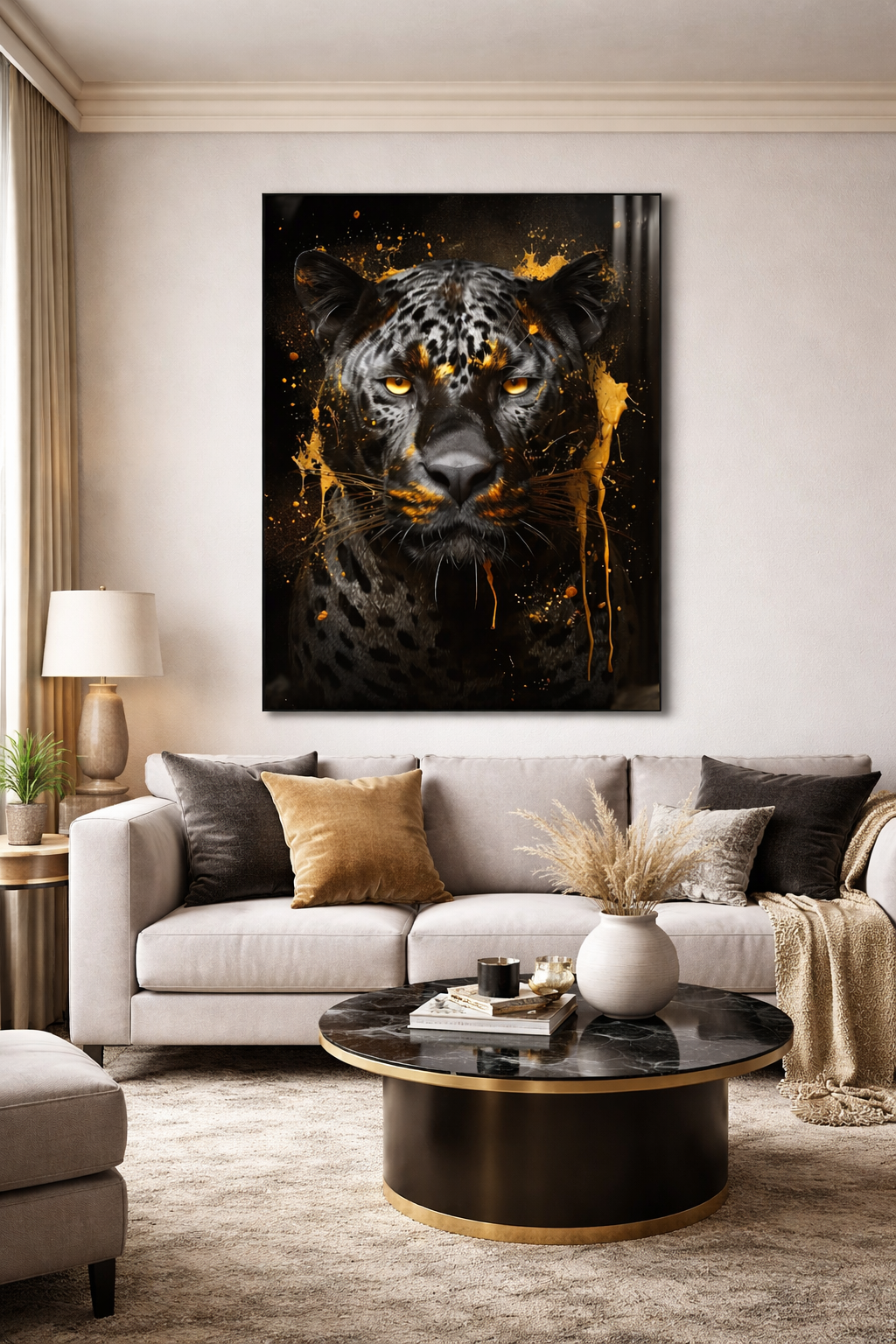 Altın Dokunuşlu Siyah Leopar Cam Tablo