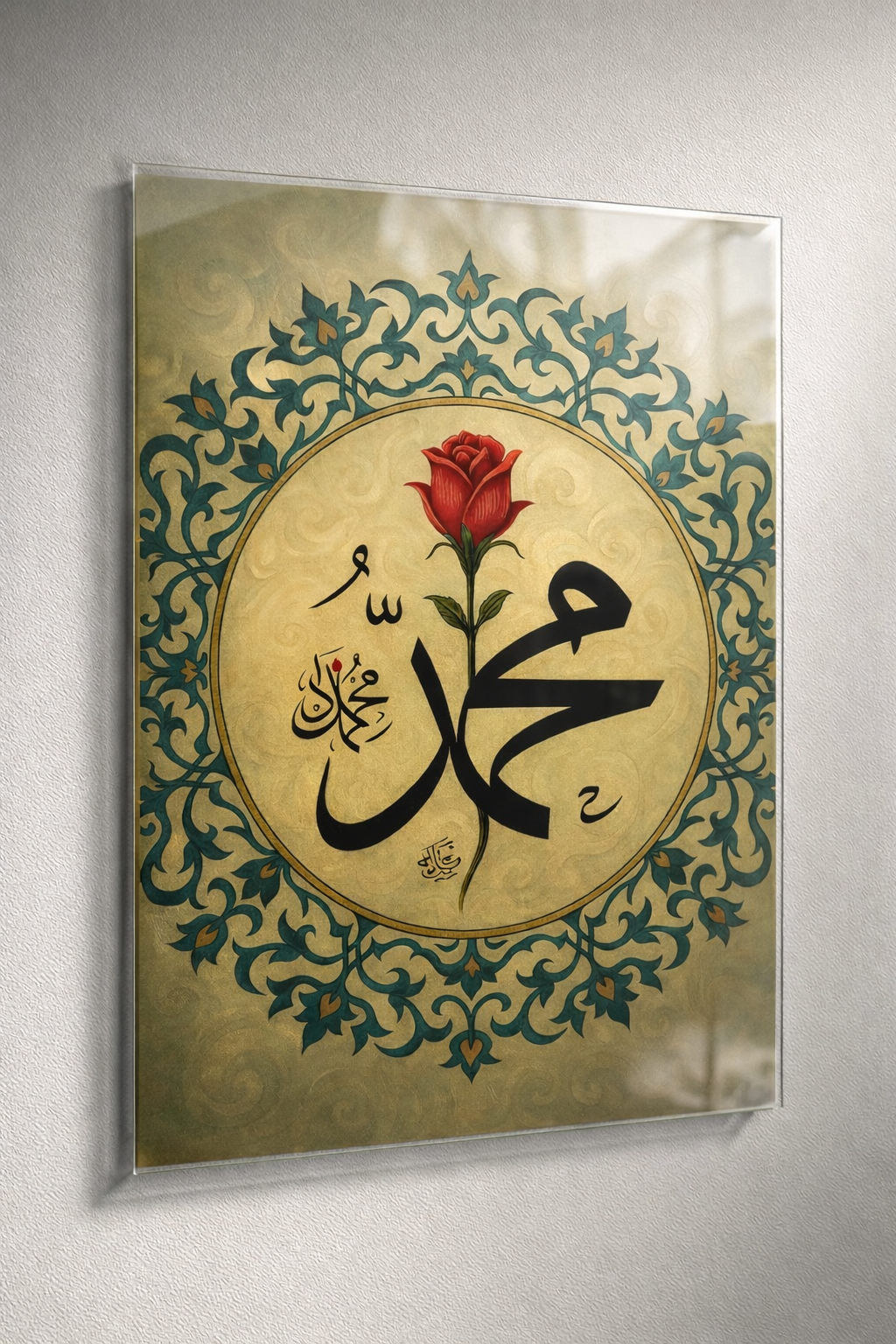 Gül Motif Hz. Muhammed Tezhip Cam Tablo