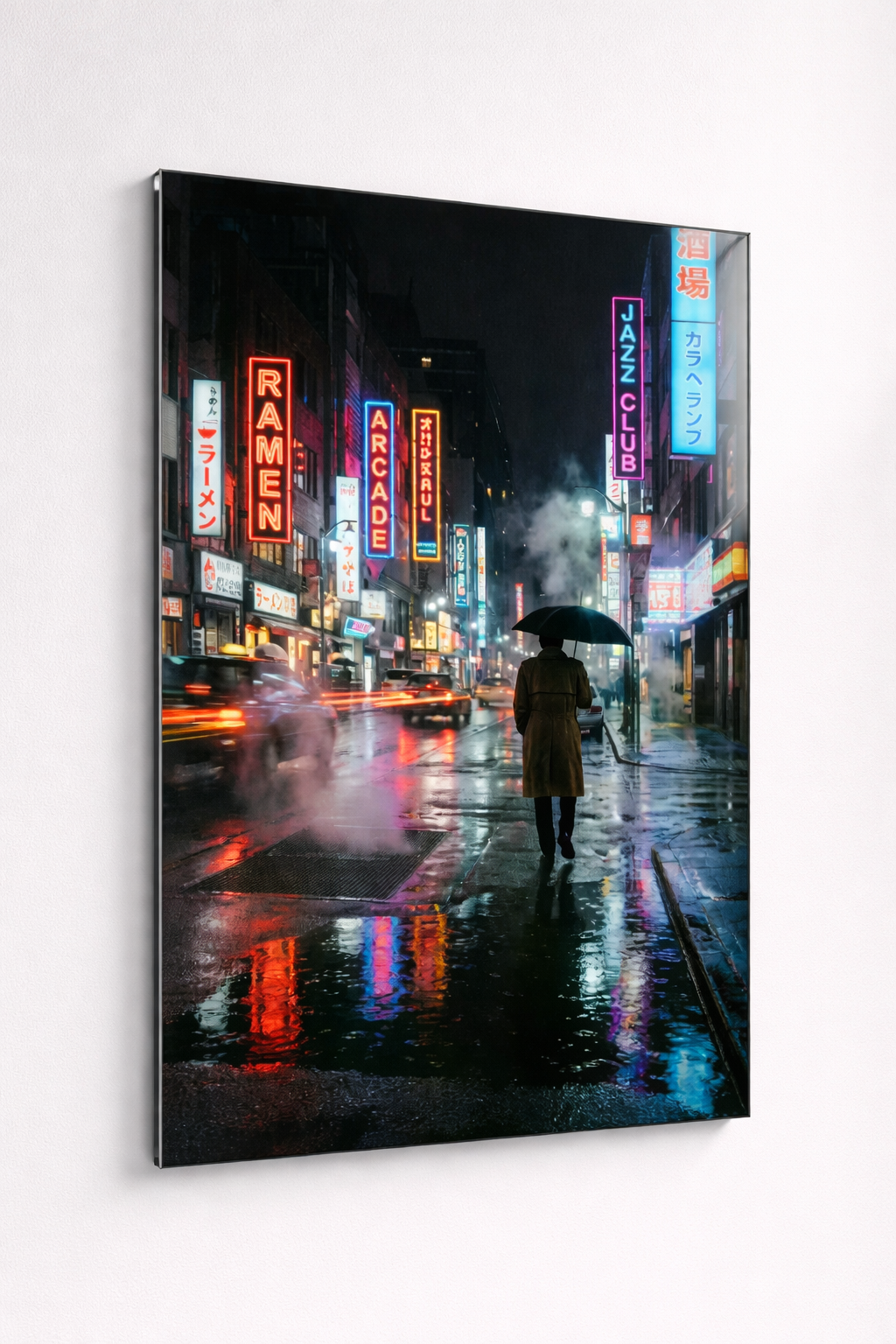 Yağmurlu Neon Sokak Cam Tablo
